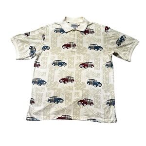 Windham Pointe Polo Shirt Mens M Beige Car Print Short Sleeve Cotton Blend Golf